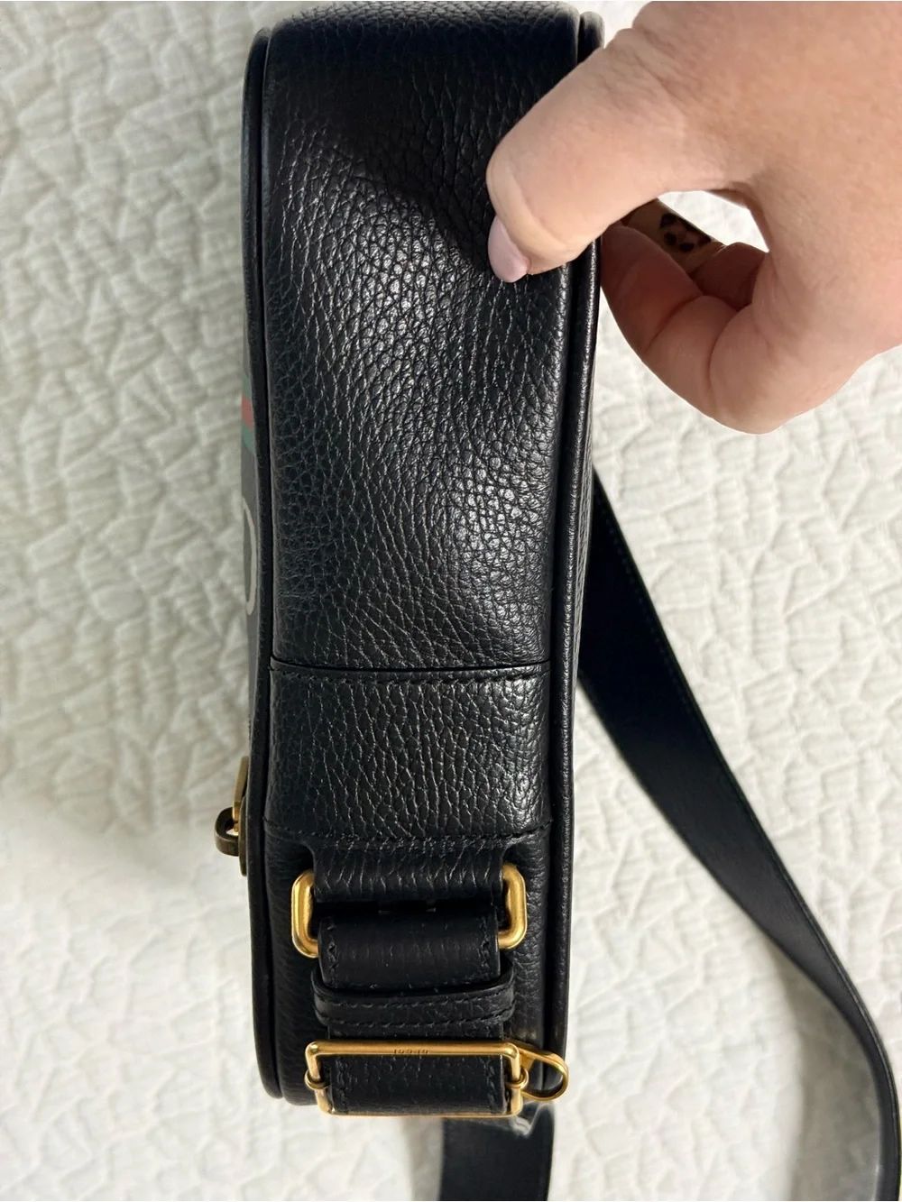 Gucci Black Leather Messenger Bag with Green-Red Web Stripe
